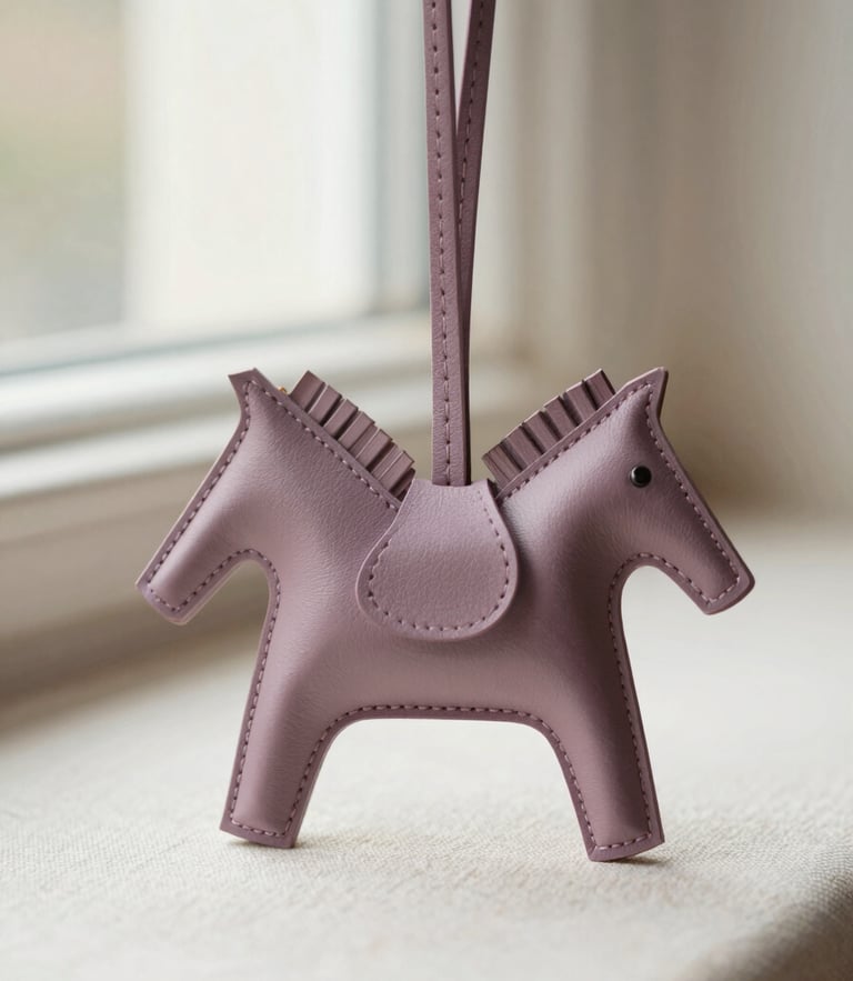 Macro photograph of a pristine Hermès Pegase charm in mauve sylvestre Milo lambskin, soft natural window light, cream linen background, shallow depth of field, 35mm.