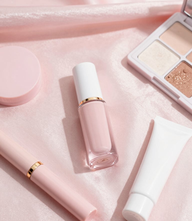 Overhead flatlay of premium aesthetic makeup products, soft pink silk background, natural diffused daylight, soft-girl coquette aesthetic
