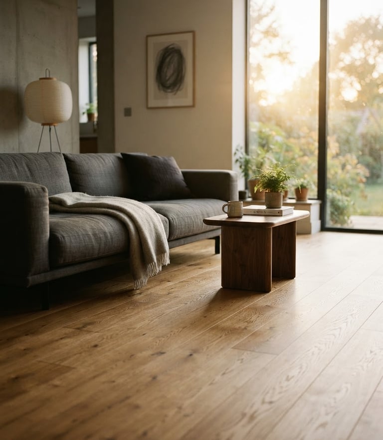 Low-angle architectural shot of a minimalist living room with wide-plank white oak flooring, warm golden-hour light streaming from a large window, shallow depth of field, 35mm