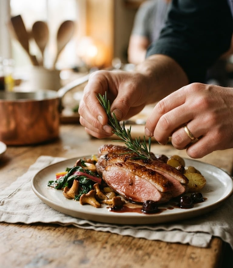 A close-up of hands placing a fresh rosemary sprig onto a beautifully plated roasted duck breast, soft window light, warm kitchen textures, 35mm film