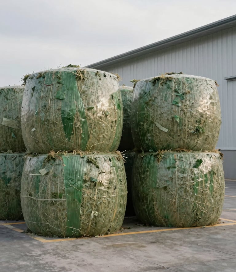 High-density silage bales wrapped in cool-toned protective green film stacked in a clean, modern, industrial dairy facility under bright overcast morning light.
