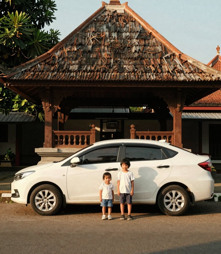 A clean family car parked near a traditional Javanese pavilion in Yogyakarta, warm golden-hour natural daylight, editorial photography