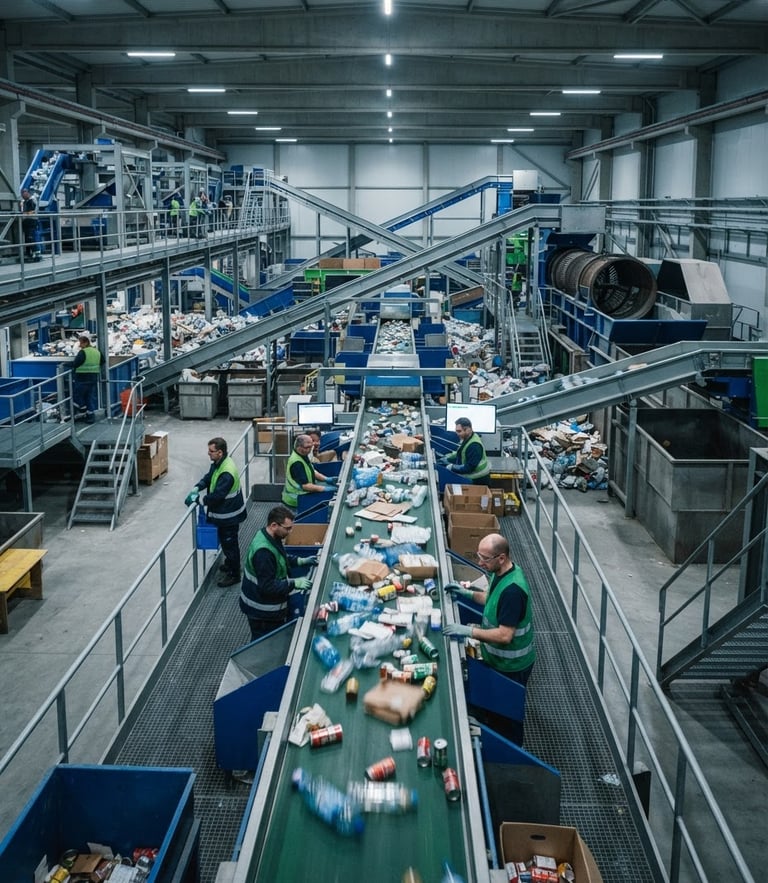 Wide-angle clean industrial recycling facility with automated sorting conveyors under cool overhead warehouse lighting, sharp focus, 35mm