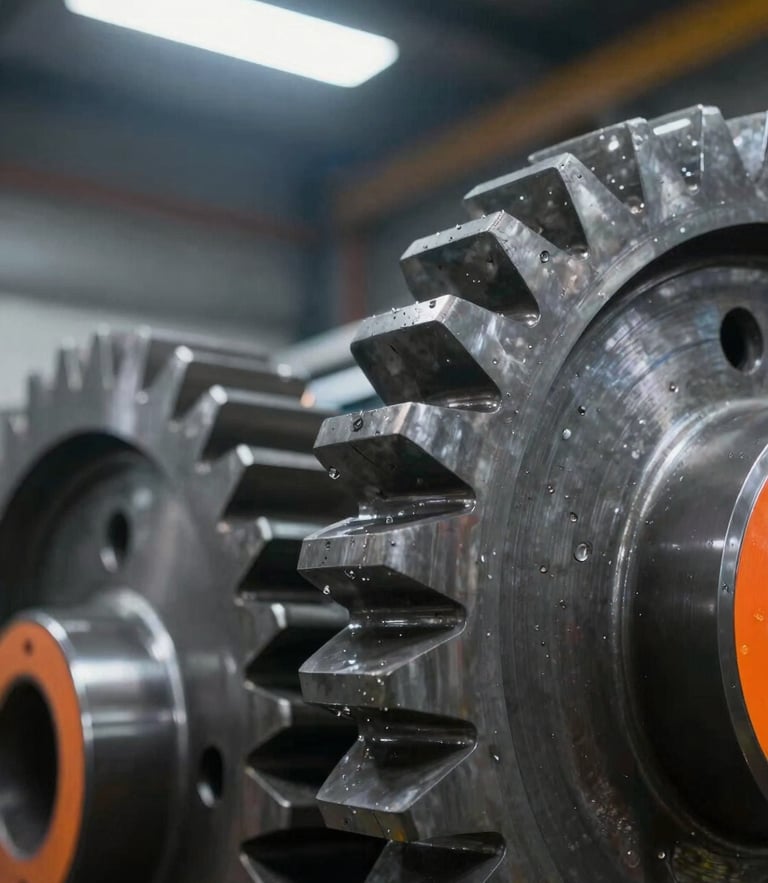 Macro close-up of heavy industrial steel gears, clean metallic textures, safety orange highlights, dramatic overhead warehouse lighting, sharp focus, 35mm