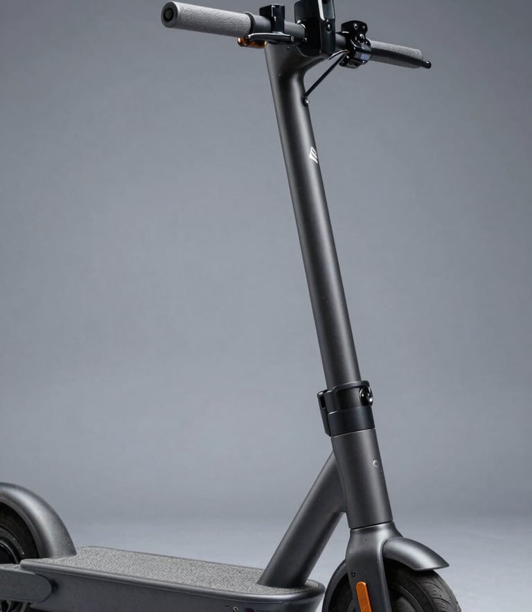 Crisp industrial photography of a sleek matte-charcoal electric scooter, cool high-contrast studio lighting, metallic silver highlights, 50mm lens