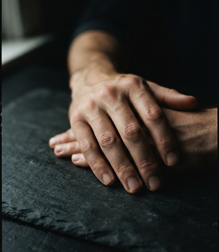 Extreme close-up of hands resting on a dark slate desk under dramatic, low-key single-source window light, deep shadows, moody cinematic tone