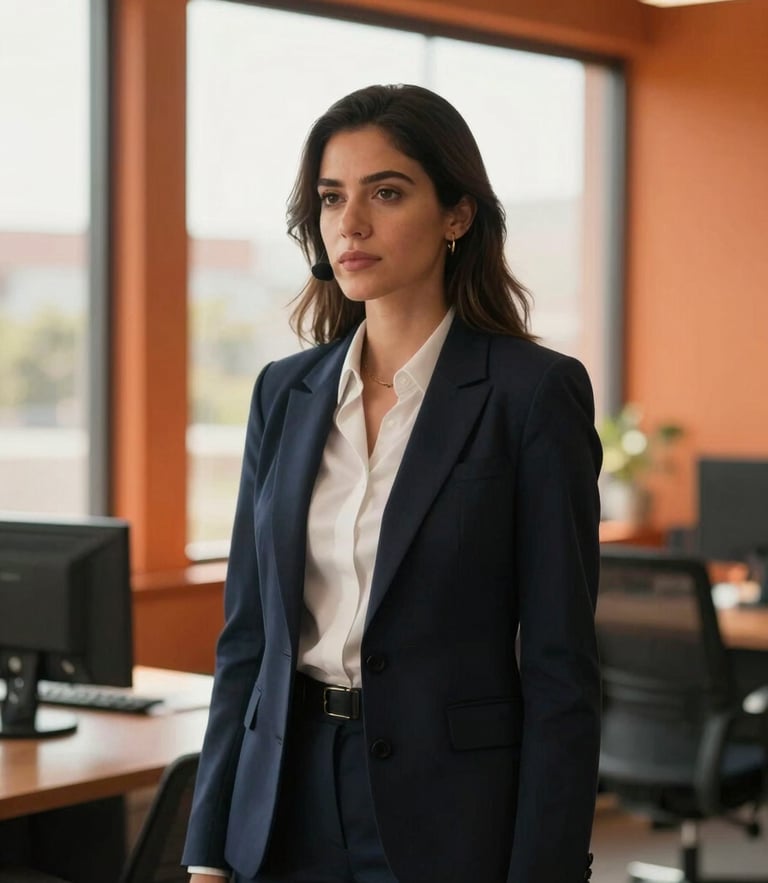 Cinematic portrait of a female communication director in a modern architectural office in Coahuila, warm natural window light, 35mm lens, shallow depth of field