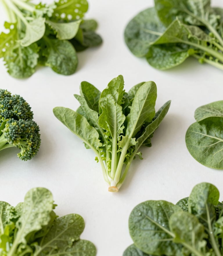Overhead flat-lay of vibrant fresh vegetables, bright natural daylight, crisp botanical greens, minimalist composition, shallow depth of field