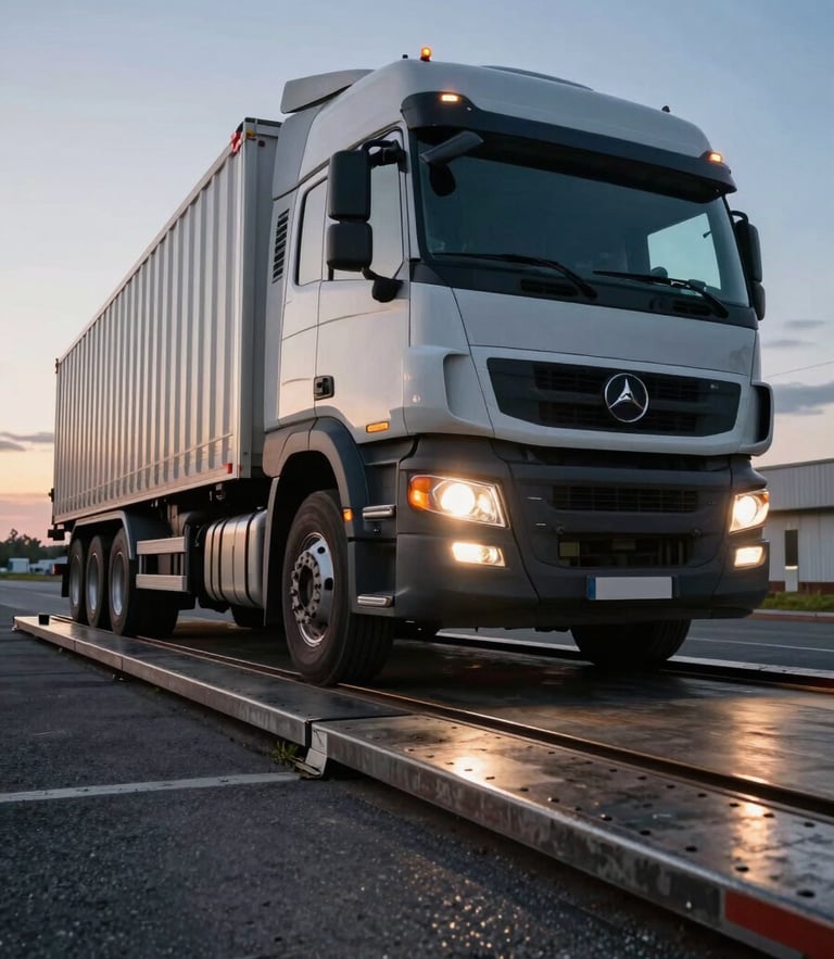 Low-angle wide shot of a heavy multi-axle commercial truck positioned on a steel weighbridge scale at dusk, glowing headlights, dark asphalt background.