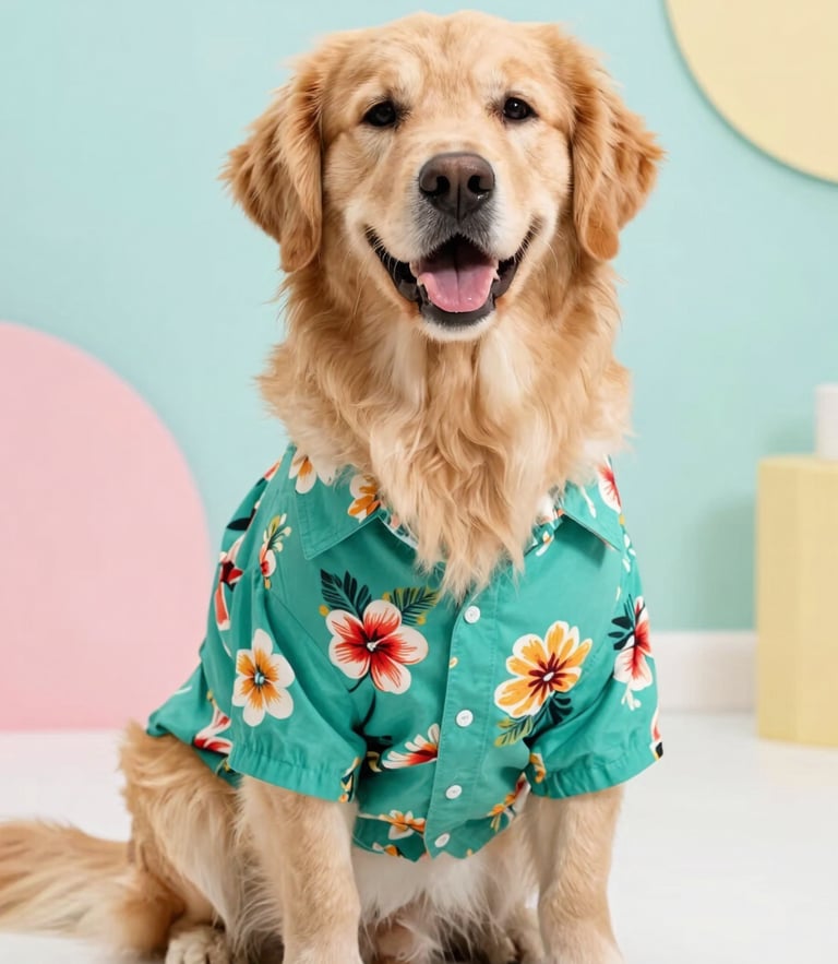 A happy golden retriever wearing a vibrant teal Hawaiian shirt, sitting proudly in a bright studio, soft natural light, colorful background, 50mm