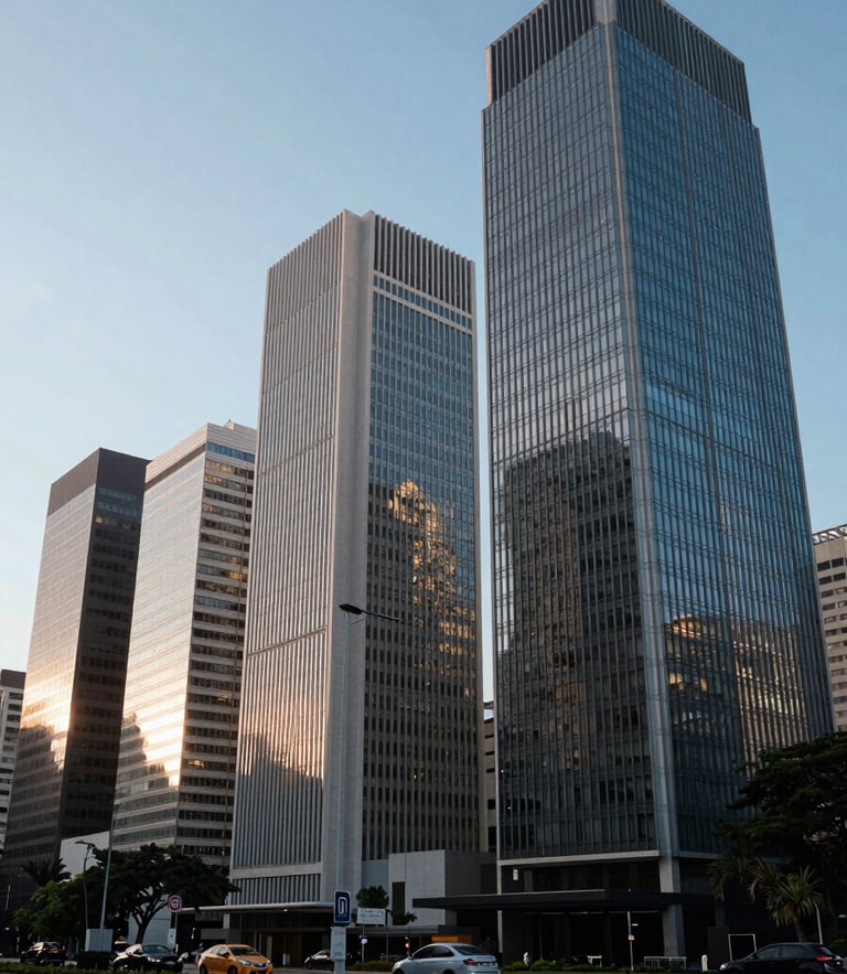 Wide environmental shot of Avenida Faria Lima corporate buildings in São Paulo, cool crisp morning light, architectural lines reflecting the sky
