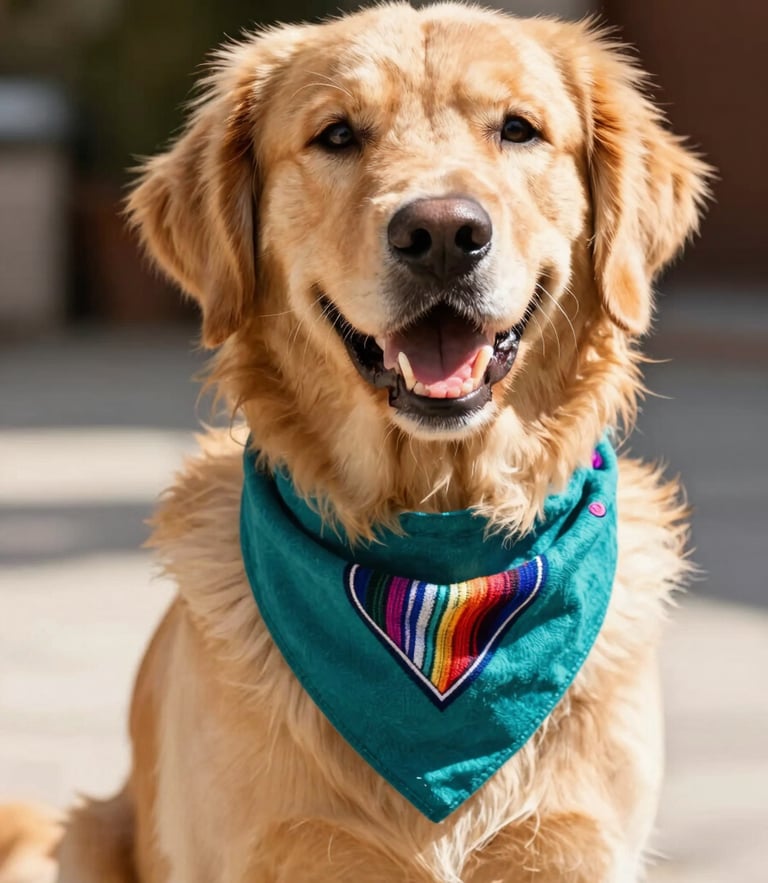 A cheerful golden retriever sitting outside in warm natural sunlight, wearing a colorful handcrafted teal Mexican-style bandana, looking directly at the camera with a happy open mouth.