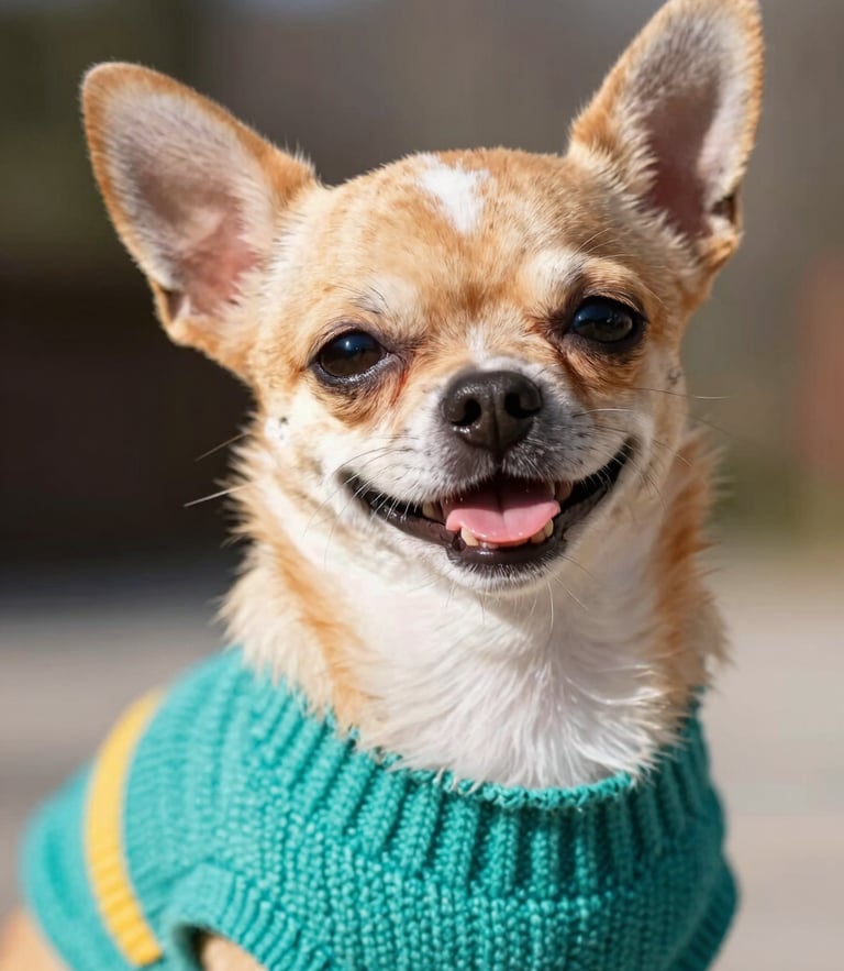 A happy small chihuahua wearing a colorful teal knitted sweater, bright natural daylight, cheerful warm tones, close-up eye-level shot