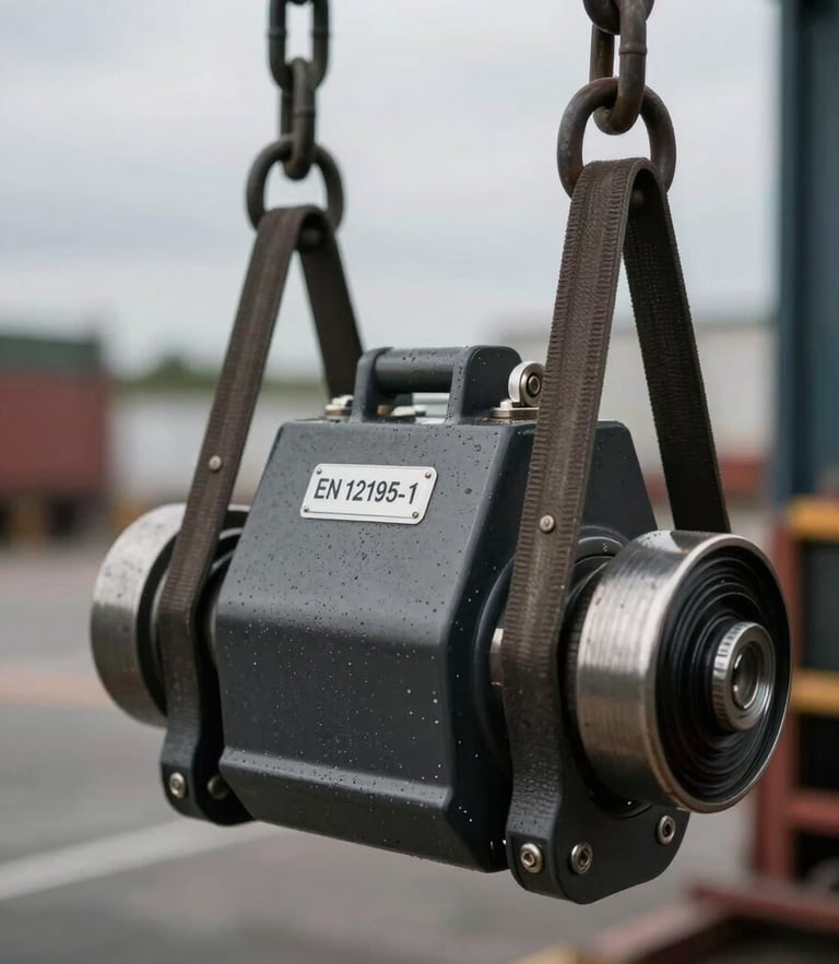 Close-up of heavy cargo securing mechanisms with heavy-duty chains and tensioners complying with EN 12195-1, overcast daylight, metallic textures.