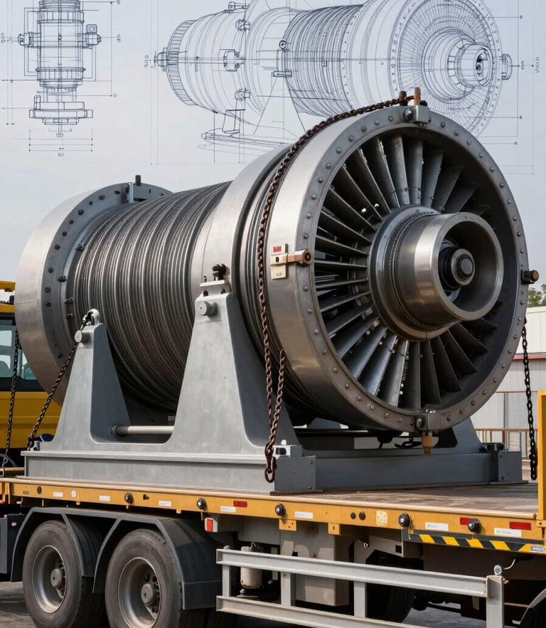 Technical blueprint overlaying a heavy transport trailer carrying a massive industrial turbine, tension chains secured according to EN 12195-1, overcast cold daylight, high contrast.