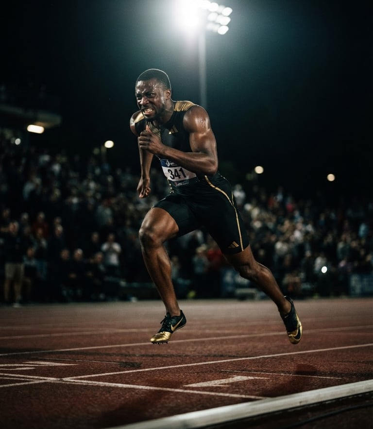 Low-angle dramatic 35mm photo of an elite athlete sprinting on a track under high-contrast stadium floodlights, dark gold tones, sharp focus.