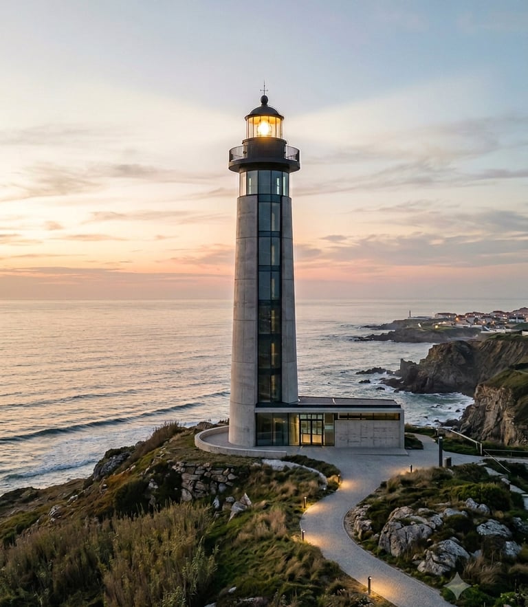 A tall modern concrete lighthouse illuminates a rocky coastline at sunset with a glowing path leading to the tower.