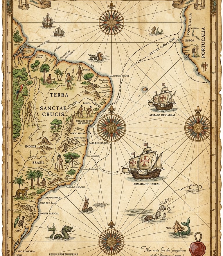 Vintage style nautical map showing Brazil and the Atlantic Ocean with Portuguese caravels and compass roses.