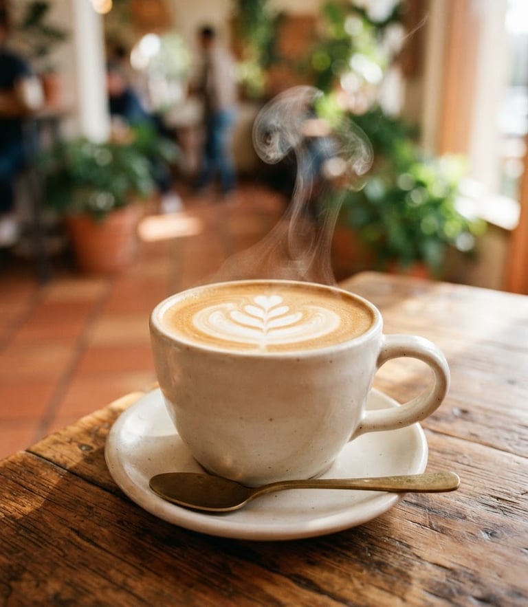 Close-up of steam rising from a freshly poured latte on a wooden table in a sun-drenched cafe, terracotta tiles and green plants blurred in the background, warm morning daylight