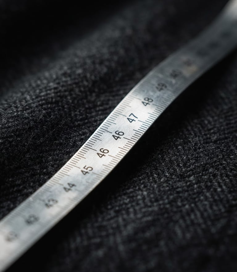 Extreme close-up on a silver measuring tape resting on dark charcoal wool fabric, dramatic studio lighting, sharp focus, 50mm lens