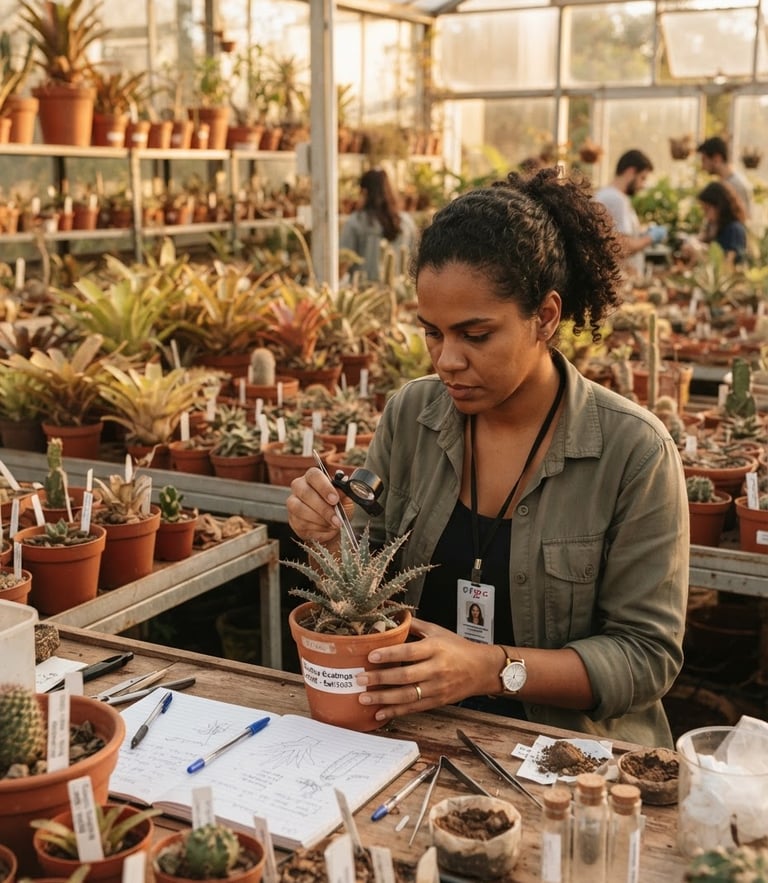 Warm editorial photography of a Brazilian biology researcher analyzing native semi-arid plant specimens in a university greenhouse, natural golden hour sunlight, terracotta tones, 35mm documentary style
