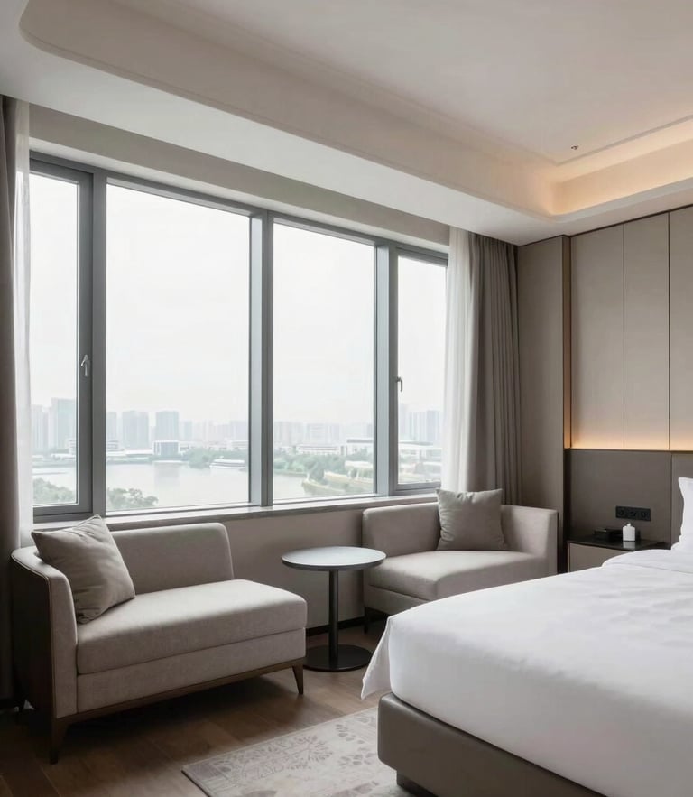 Crisp architectural photography of a newly installed luxury hotel guestroom, showing perfectly aligned modern furniture and bright natural window light.