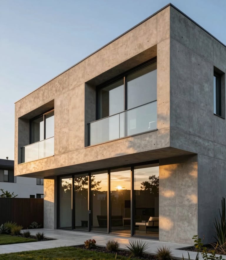 Modern architectural concrete home facade at golden hour, sharp geometric lines, warm sunlight reflecting on large glass windows, minimalist landscaping, wide shot.