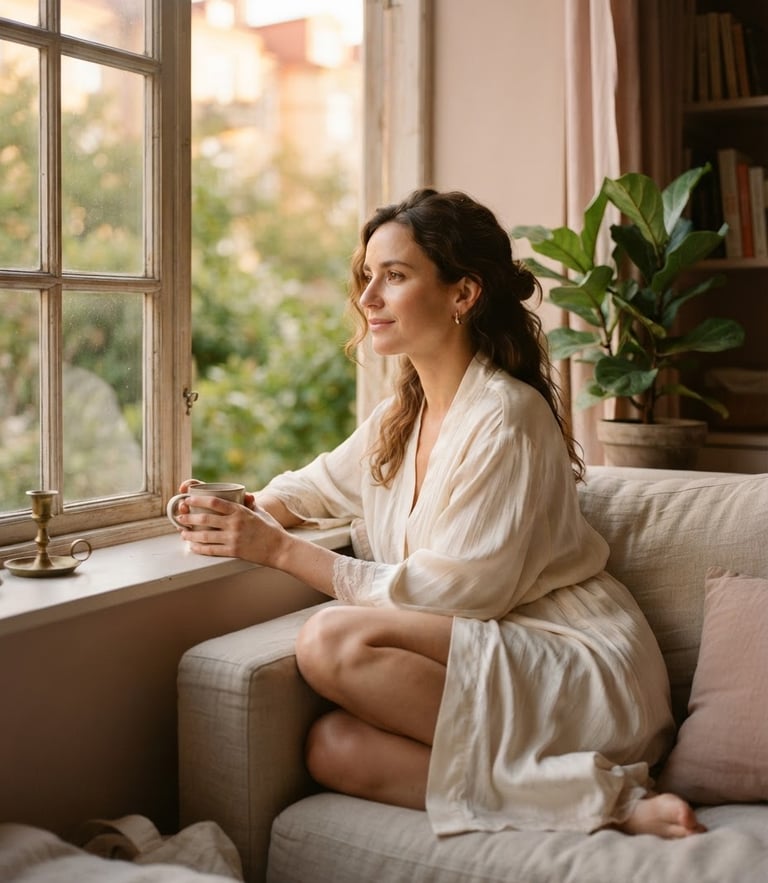 A woman in a softly lit cream silk robe sitting by a window in golden hour, warm editorial photography, 35mm.