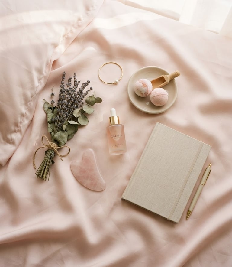 Elegant minimalist flat-lay of pastel-colored wellness objects on silk sheets, soft morning daylight, warm shadows, clean composition, 35mm