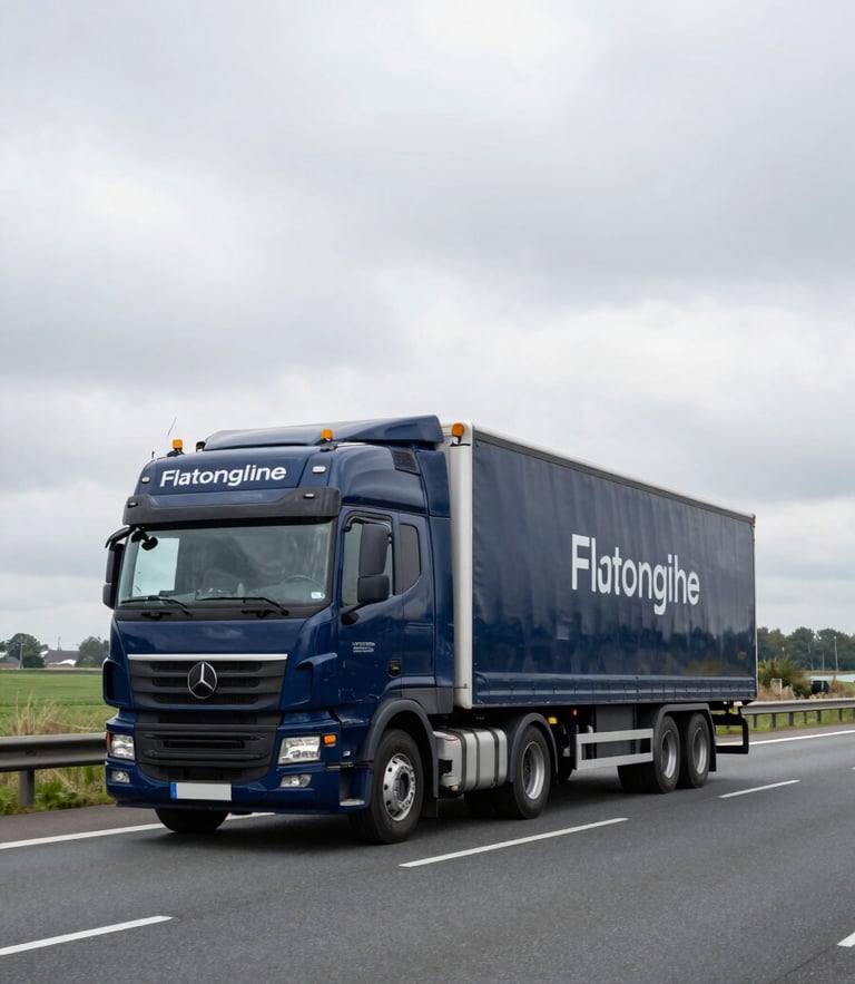 Wide environmental shot of a branded dark blue transport truck driving on a clean Dutch highway under heavy overcast European skies, cool natural daylight, minimal traffic.