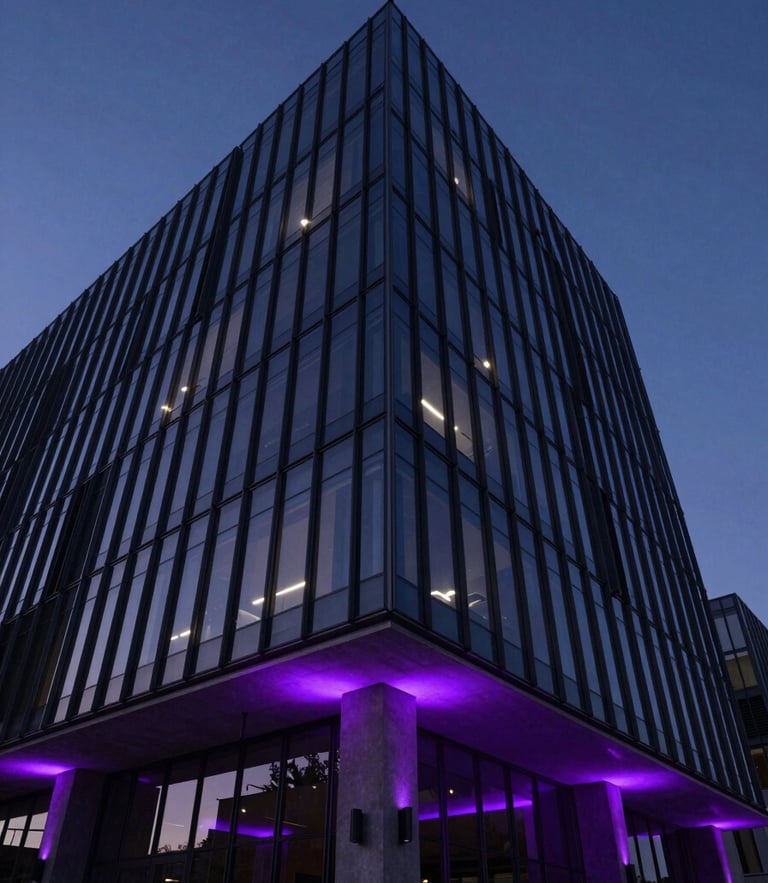 Dramatic low-key architectural shot of a modern glass tech headquarters at dusk, deep violet ambient rim lighting reflecting on sharp concrete edges, high contrast, 35mm