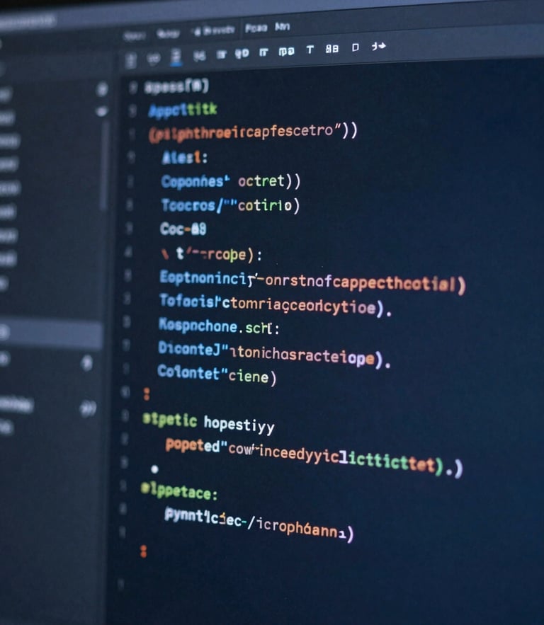 Tight macro shot of a clean code editor showing structured schema markup and optimized crawl architecture, cool indigo light reflecting off the screen.