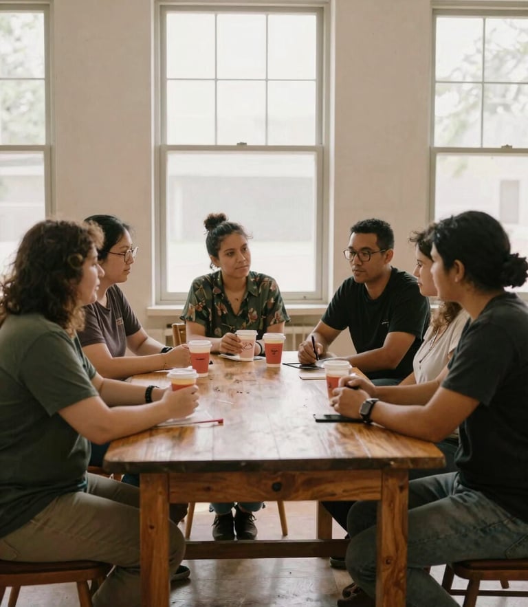 A medium wide shot of local community organizers collaborating around a wooden table in a sunlit community center, warm natural window light, documentary style.