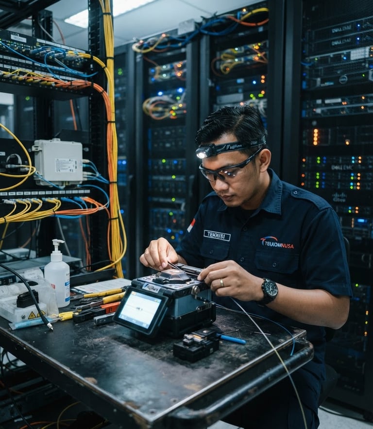 Professional Indonesian technician in branded uniform splicing fiber optic cables inside a high-tech corporate server room, cool blue and orange indicator lights, sharp focus, 35mm