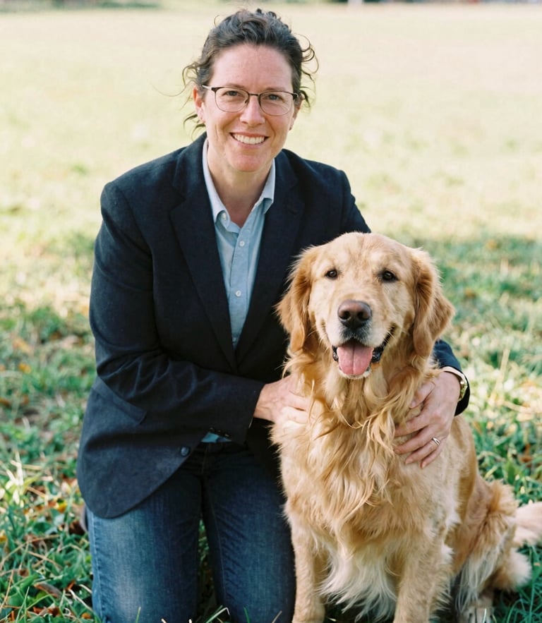 Candid warm editorial portrait of a professional specialized educator and a gentle golden retriever sitting together in a sunlit outdoor meadow, 35mm film look