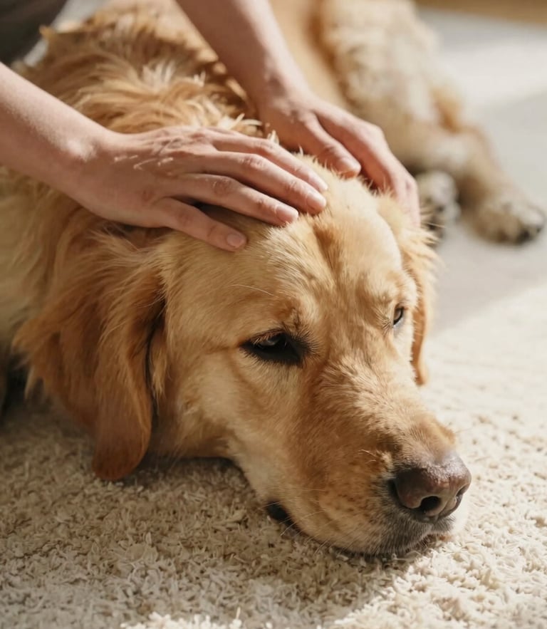 Close-up of gentle hands petting a calm, golden-haired therapy dog on a soft cream rug, natural golden-hour daylight, shallow depth of field, warm editorial photography.