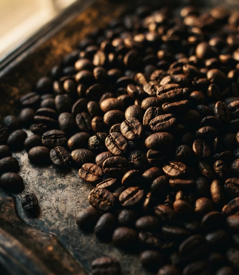 Moody low-key macro shot of dark roasted coffee beans resting on an antique silver tray, dramatic chiaroscuro lighting, warm golden-hour window light, 35mm film.