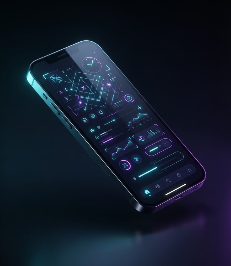 Sleek close-up of a high-fidelity mobile device mockup showing a clean interface, low-key studio lighting with vibrant neon cyan and violet backlighting casting soft reflections, octane render