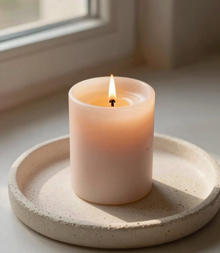 Warm editorial photography of a single lit soy candle on a textured plaster tray, soft golden-hour window light casting long gentle shadows, muted pastel tones, shallow depth of field, 35mm