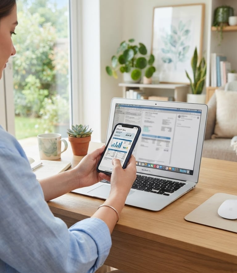 A bright, clean home office desk with a laptop showing a utility document, hands holding a smartphone, natural daylight, soft green and blue tones.