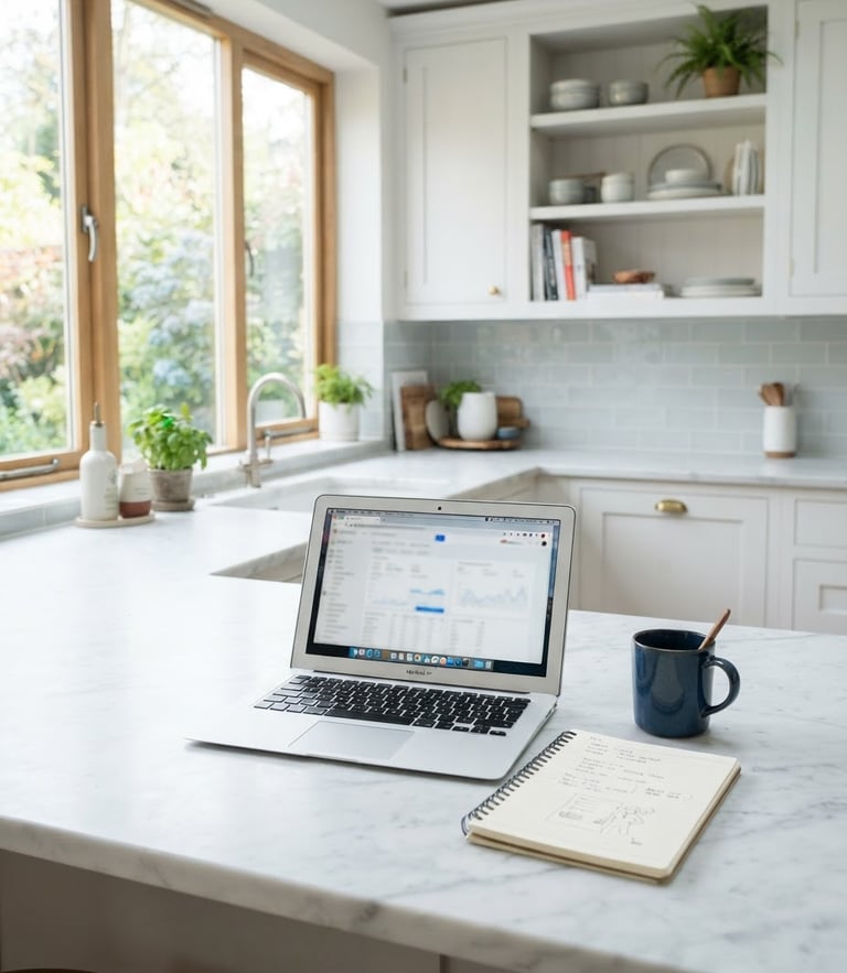 Bright modern kitchen interior with soft daylight shining on a clean marble countertop, a laptop open next to a notepad, professional and calm atmosphere