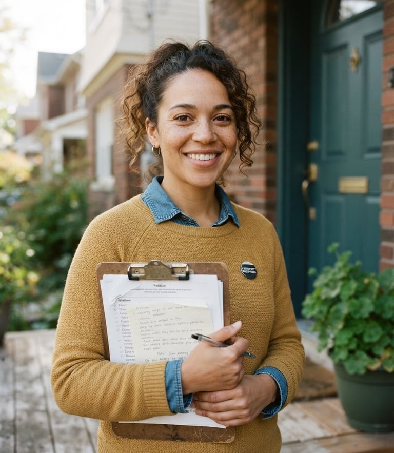 A close-up portrait of a young female community organizer smiling warmly in natural daylight, holding a clipboard on a suburban doorstep, 35mm lens, shallow depth of field.