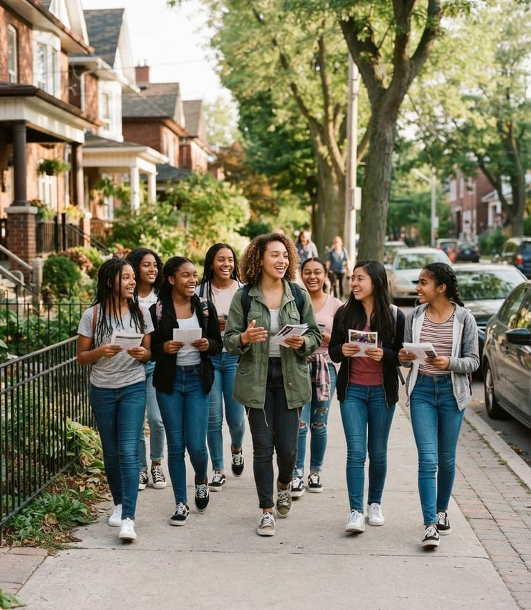 A warm documentary photograph of a group of young women and youth walking together down a sunny neighborhood street, holding flyers, natural outdoor daylight, candid framing, 35mm lens