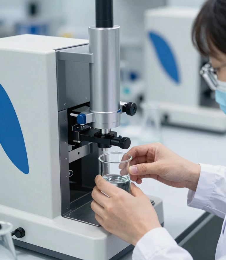 Laboratory technician performing water quality analysis with precision instruments, clean, bright lighting, focus on hands and glassware.