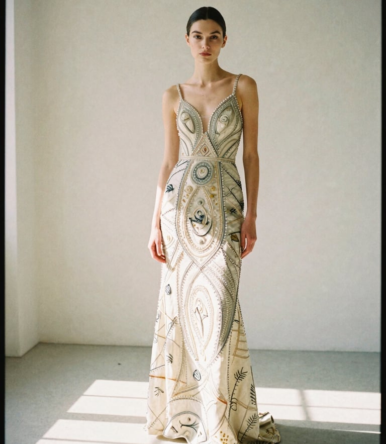 Editorial portrait shot of a model wearing an intricately hand-stitched couture gown, standing in a quiet natural light studio with soft shadows, 35mm film grain
