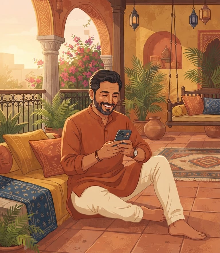 Warm flat vector illustration of a friendly middle-aged Indian man sitting on a veranda, smiling warmly while looking at his smartphone, soft golden-hour sunlight, terracotta and mustard tones, hand-drawn style