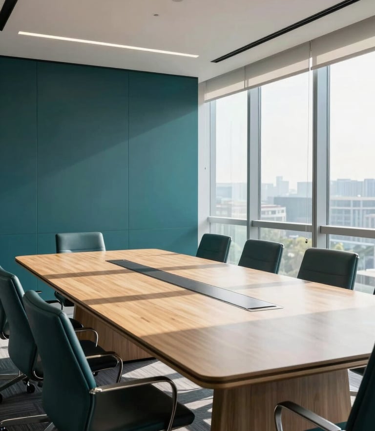 Wide environmental shot of a modern corporate boardroom with natural sunlight filtering through high windows, deep teal accents, sharp focus, 35mm lens