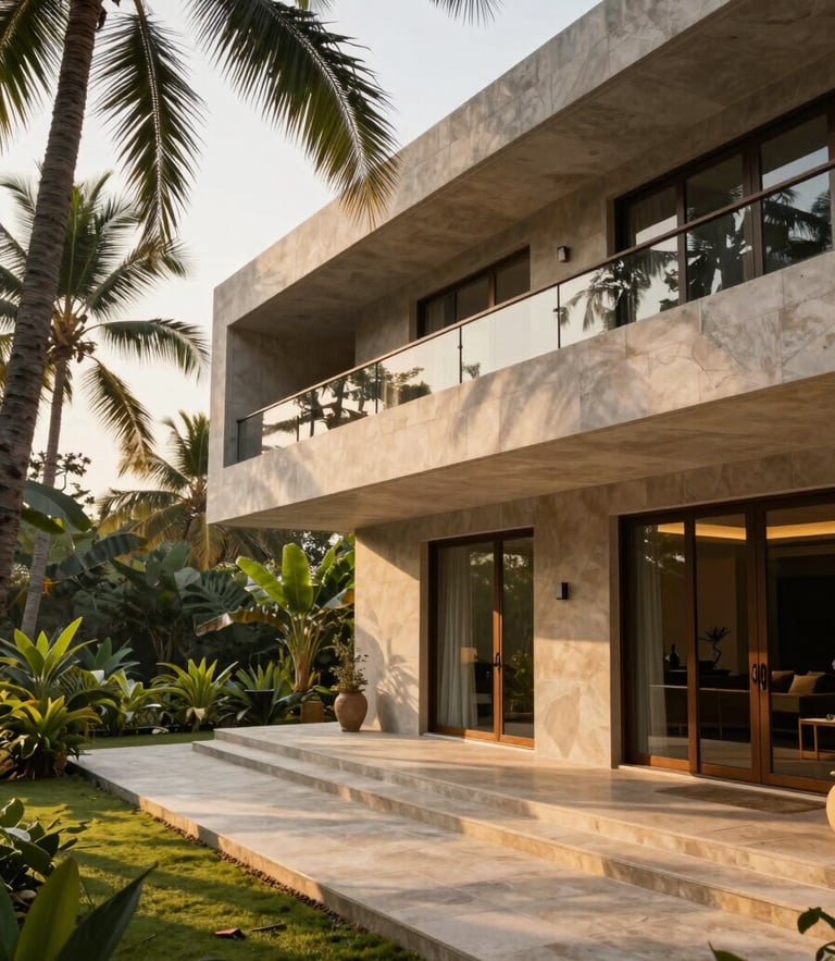 Wide architectural shot of a sun-dappled, high-end villa veranda in Goa, golden hour light filtering through tropical foliage, clean architectural lines of laterite stone.
