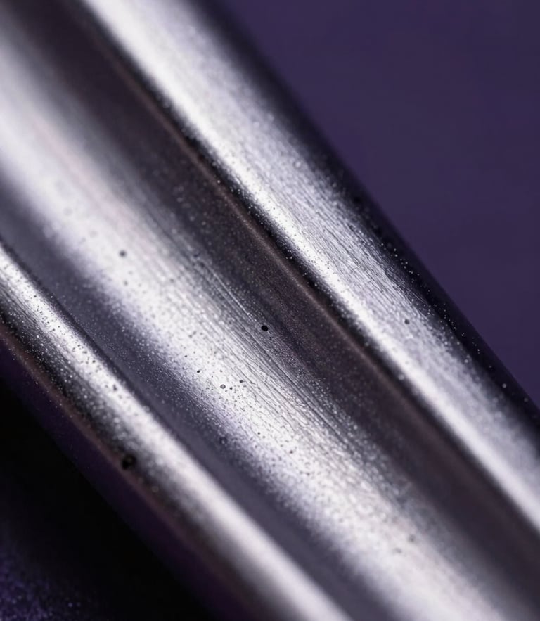 Extreme macro close-up of liquid metal texture with dramatic rim lighting, chrome-like reflections, midnight purple shadows, high-contrast studio setup.