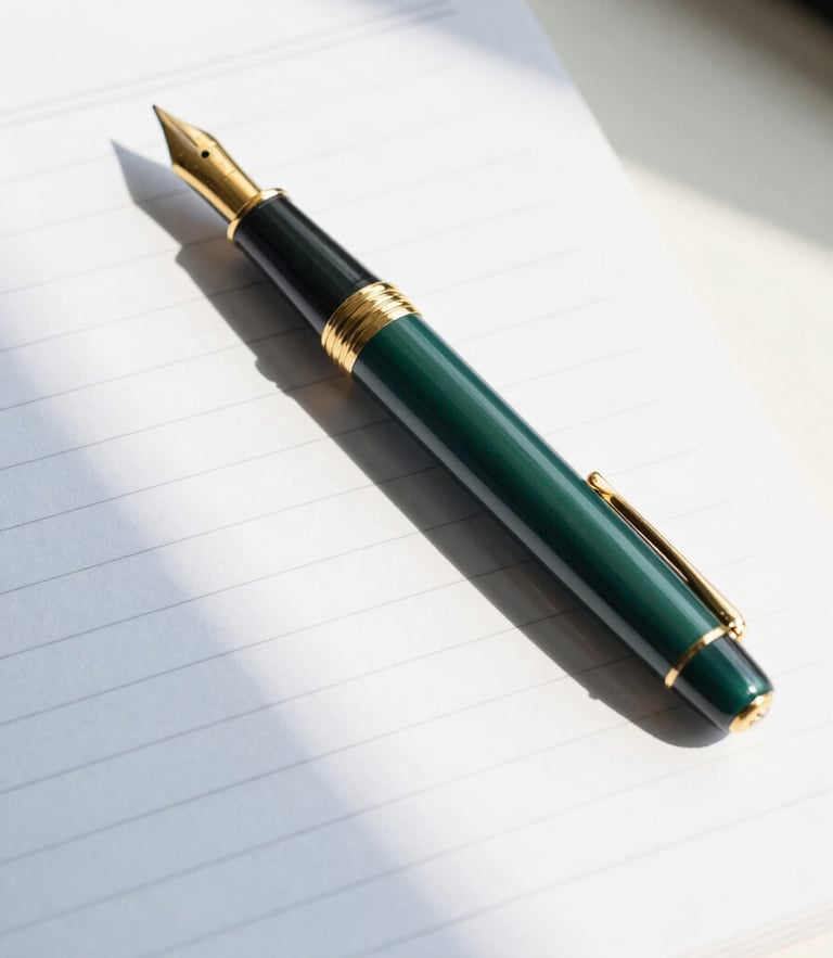 Editorial corporate photography of a gold fountain pen resting on clean ledger paper, soft morning daylight casting elegant shadows, clean white and deep green tones, 35mm lens